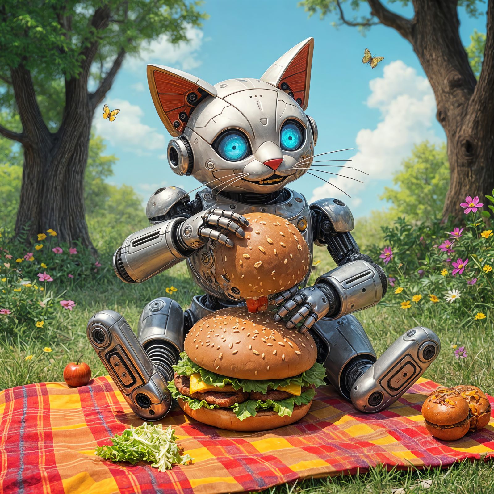 Robot Cat Enjoying a Casual Picnic in a Vibrant Outdoor Sett...