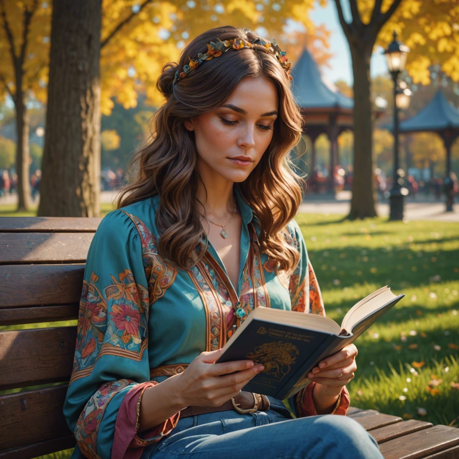 Seventies Woman Reading Book in Park, Art Nouveau Style