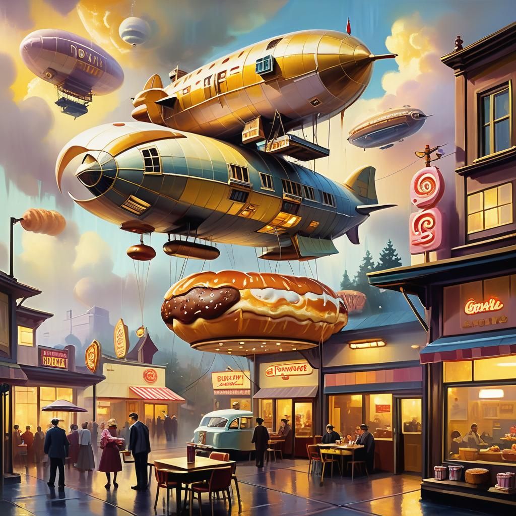 Retro-Futuristic Airship Over Fantasy Donut Shop