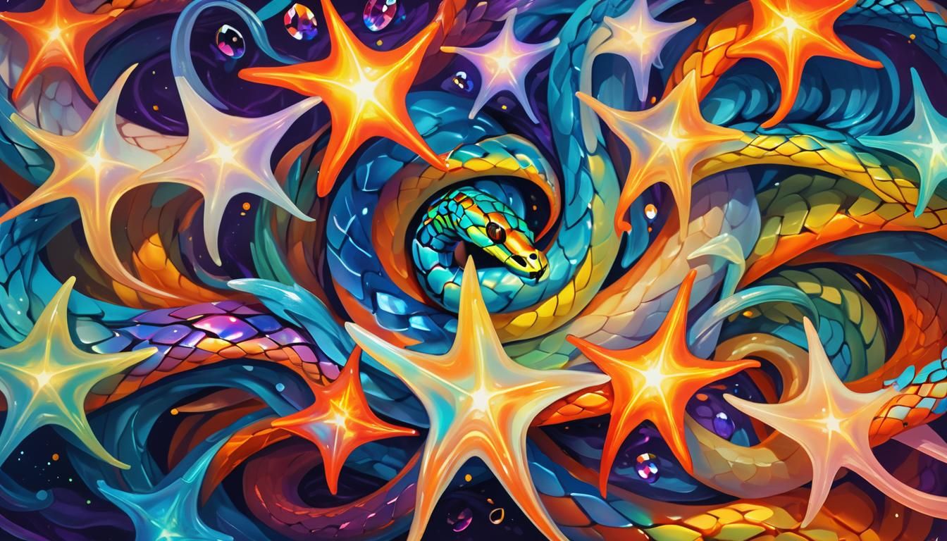 Bioluminescent Rainbow Snake in Surreal Digital Art