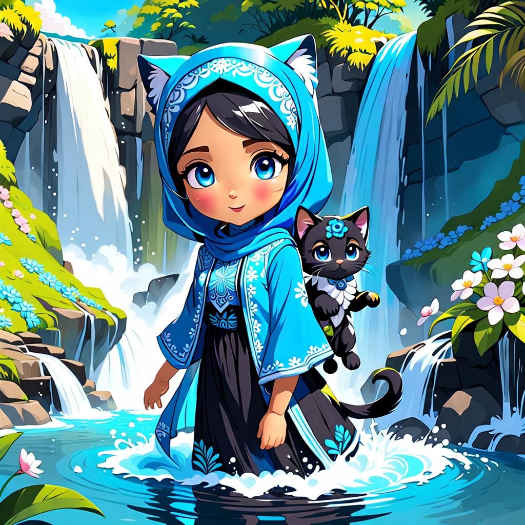 Girl with Kitten at Waterfall: Anime Splash Art