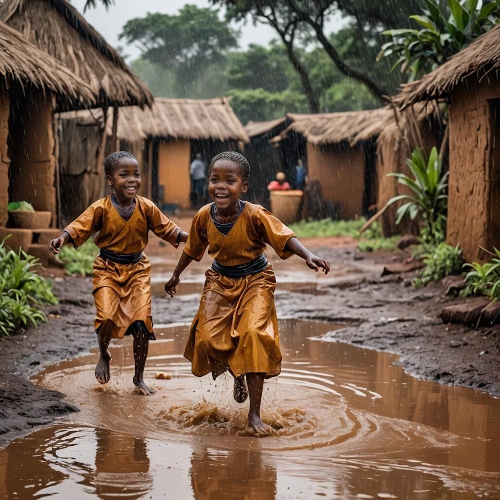 African Girls Playing in the Rain