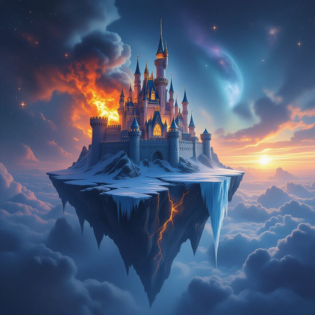 Ancient Castle on Floating Island in Nebula