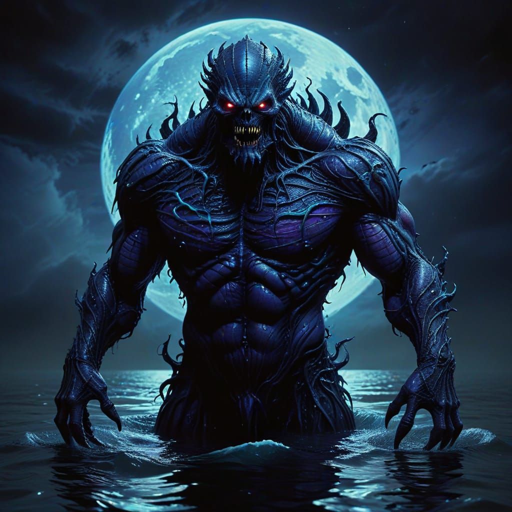 Monster Rising Under Aquatic Blue Moon in Gothic Art