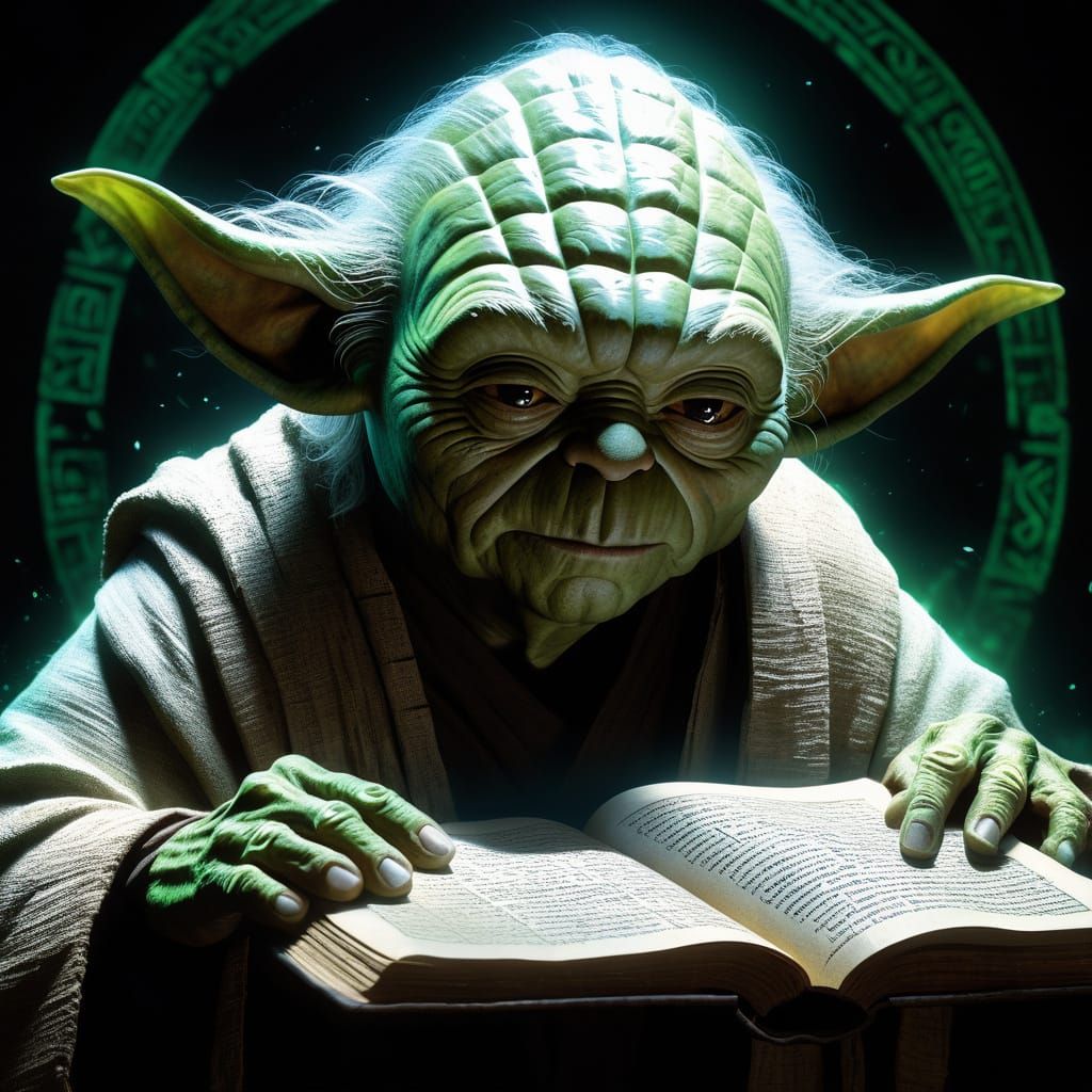 Ethereal Yoda Surrounded by Ancient Jedi Tomes in Dramatic S...