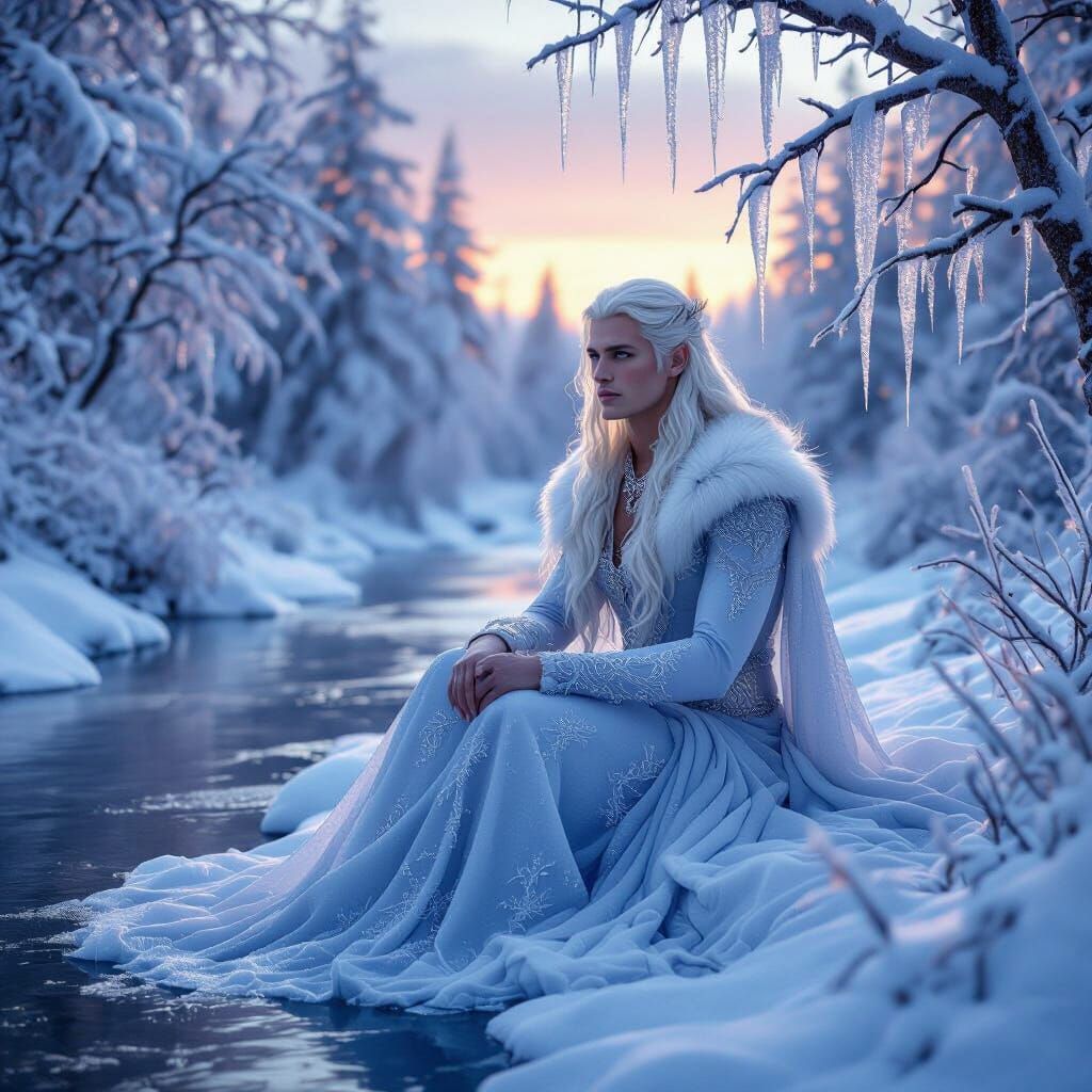 Ethereal Ice King Beside Frozen River in Winter Forest