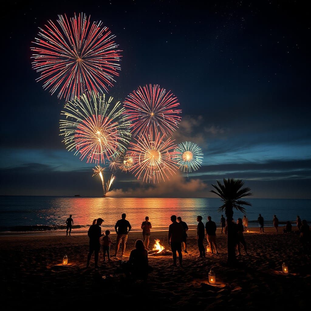 Fireworks Display on a Calm Beach at Night