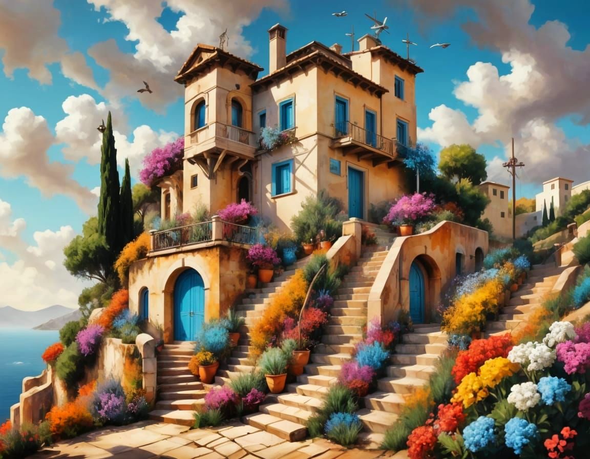 Surreal Mediterranean Villa with Vibrant Towers and Flowers