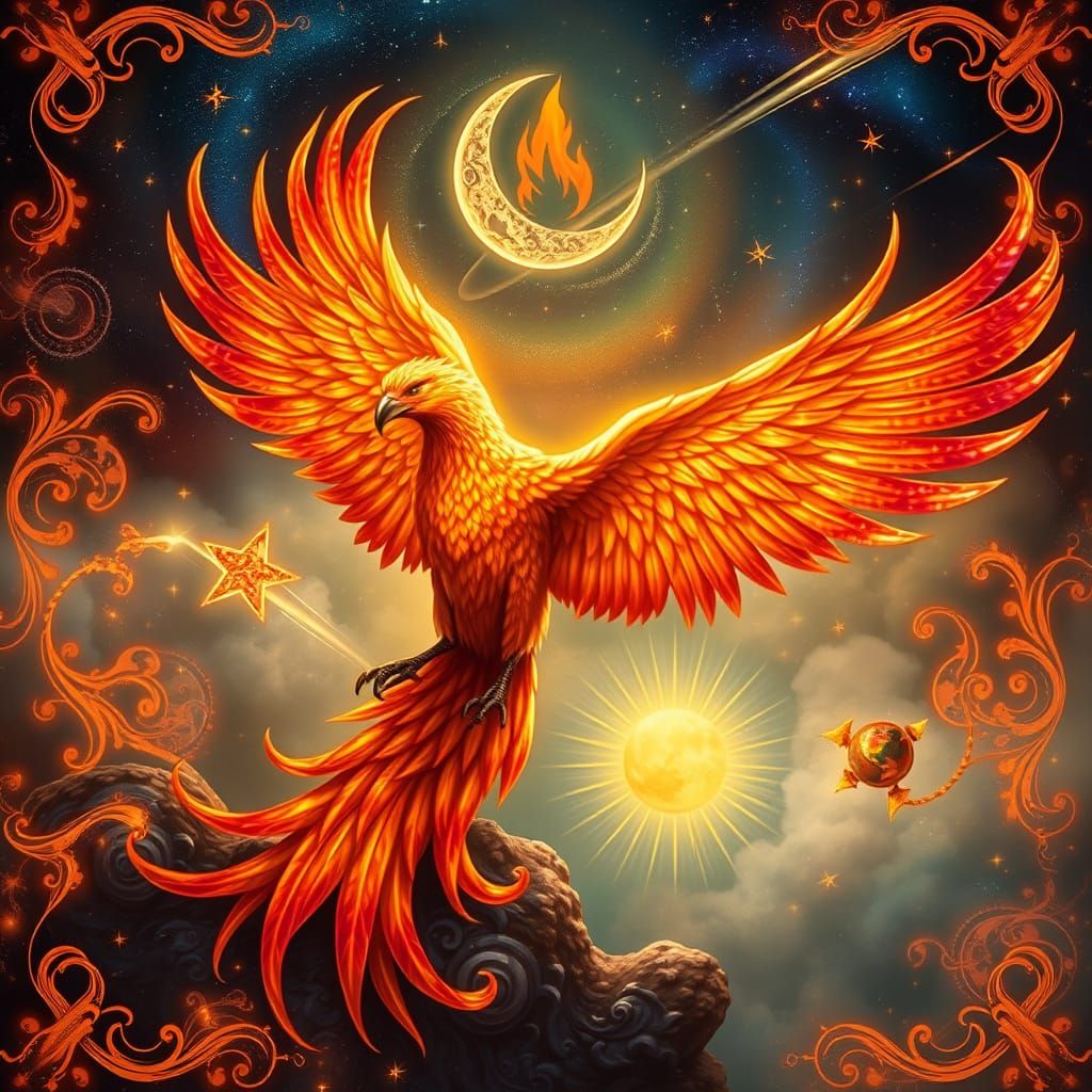 An artwork of a phoenix with fiery cosmic patterns of galaxi...