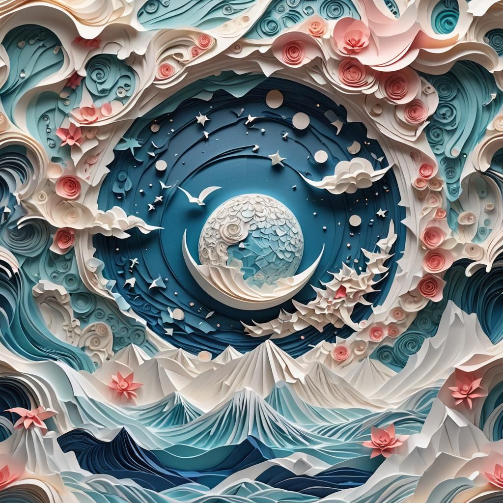 Origami Ocean with Moon, a 3D Render