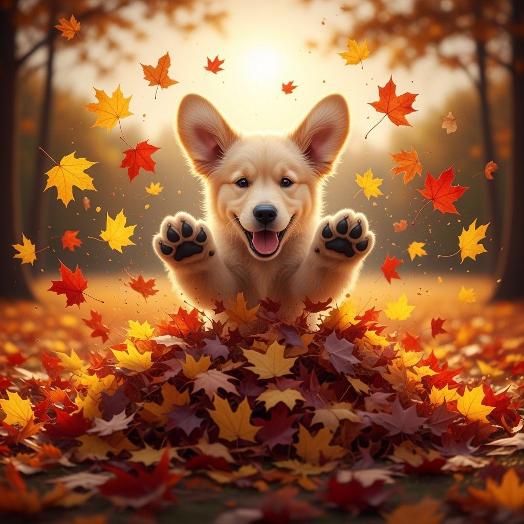 Golden Retriever Puppy Leaping in Autumn Leaves