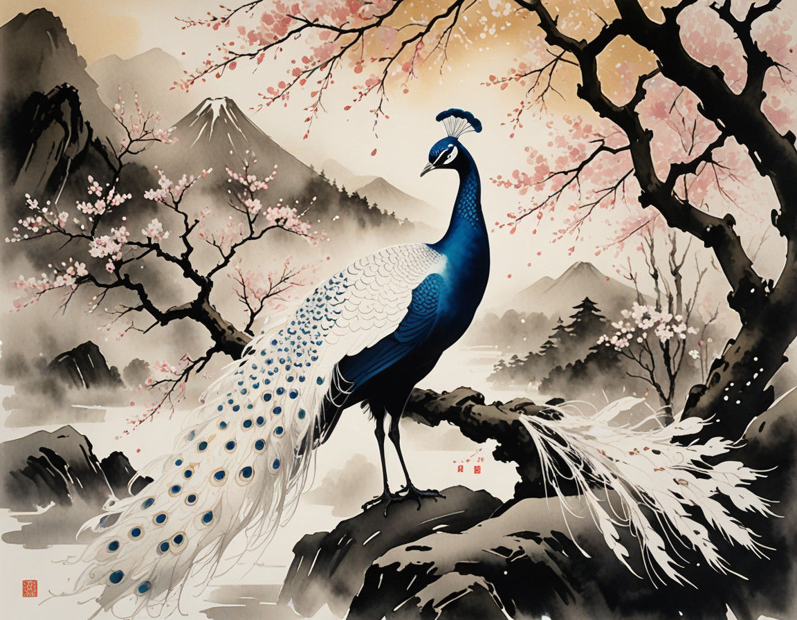 Serenely Standing Peacock in Traditional Japanese Art