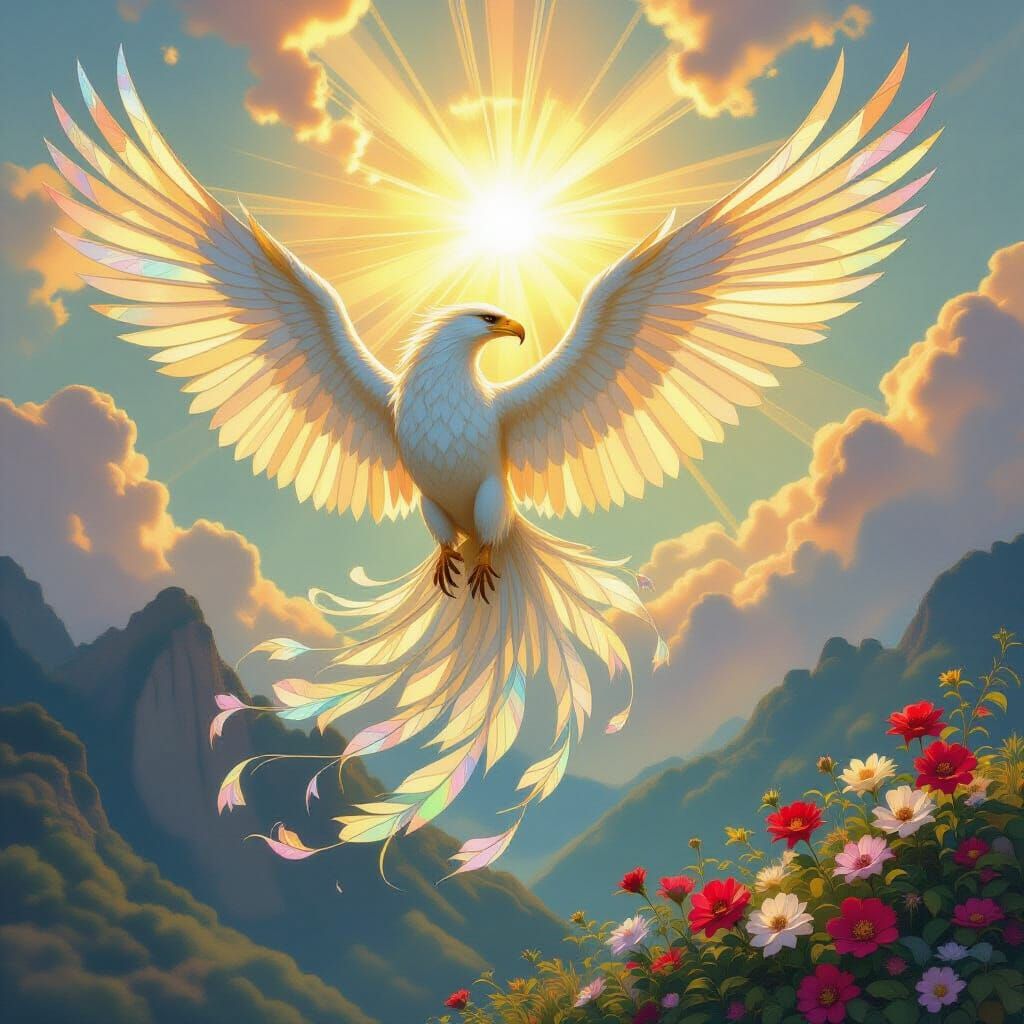 Stained Glass Griffin Soaring in Sunlit Sky