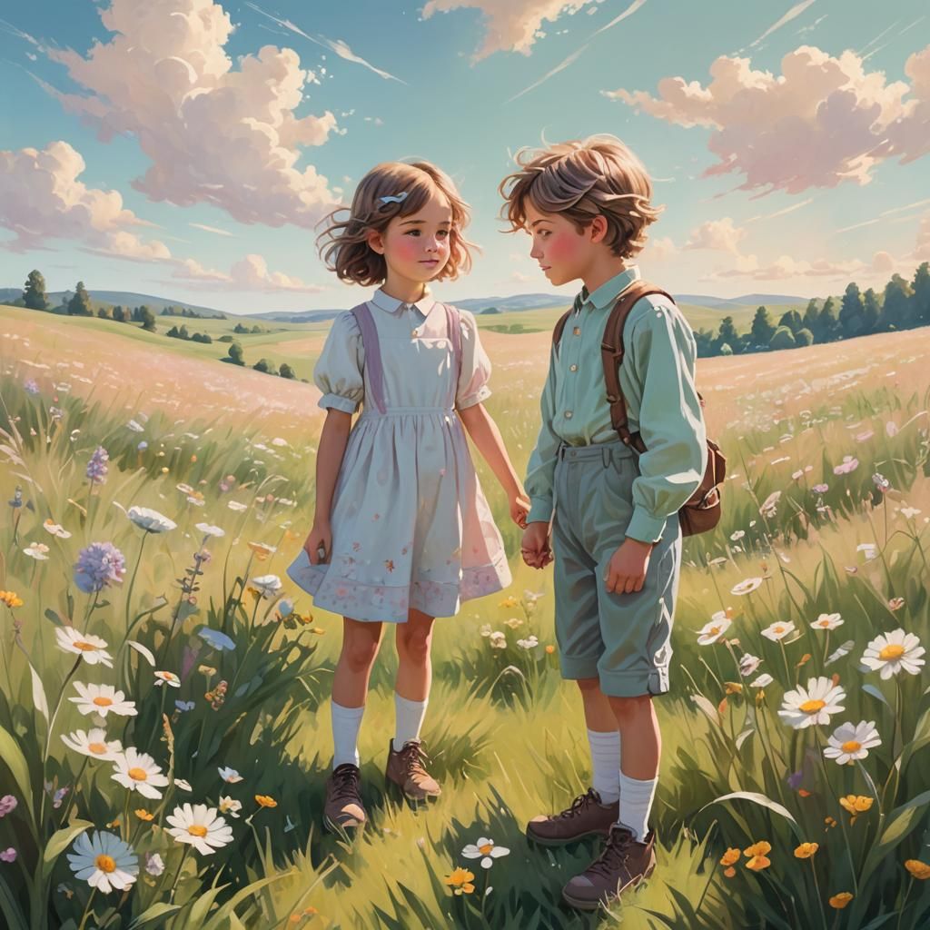 Twins in Pastel Meadow: Whimsical Digital Painting