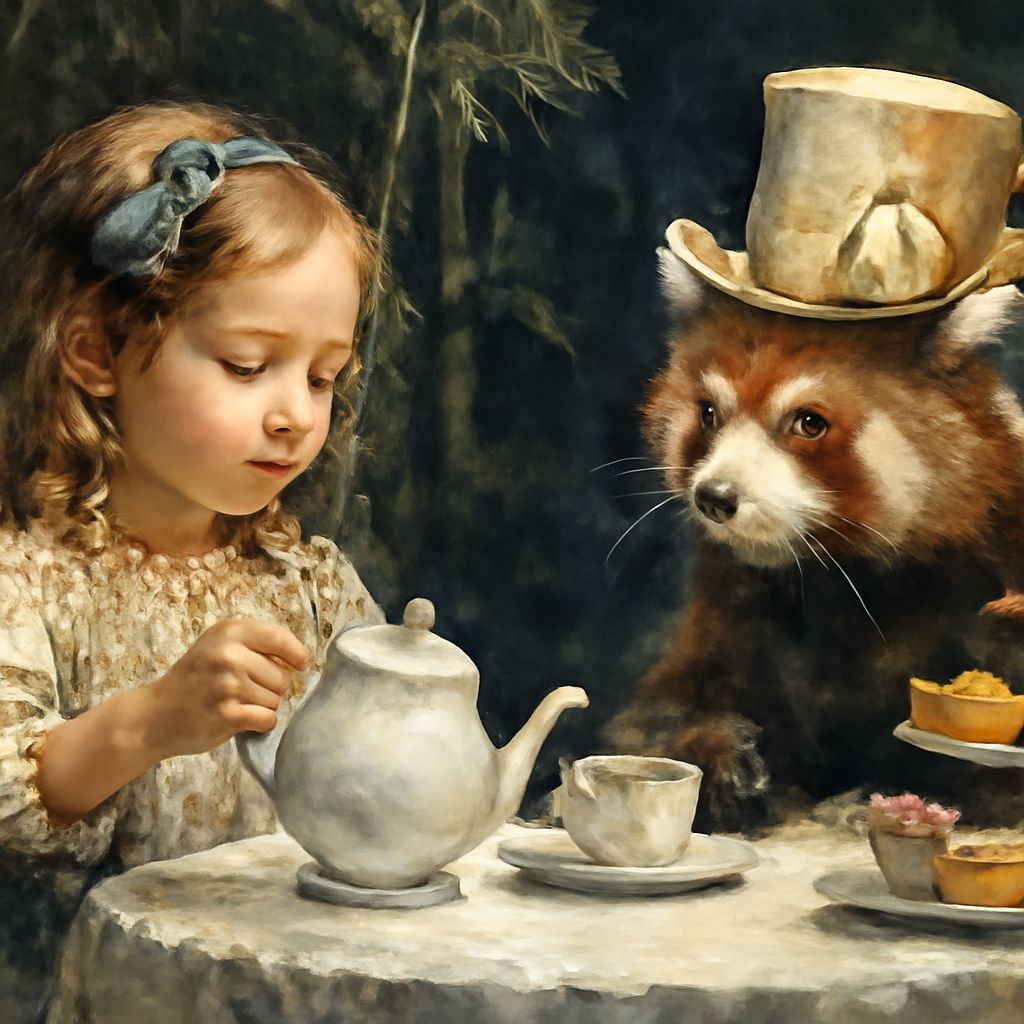 Girl Hosts Tea Party with Red Panda in Bamboo Forest