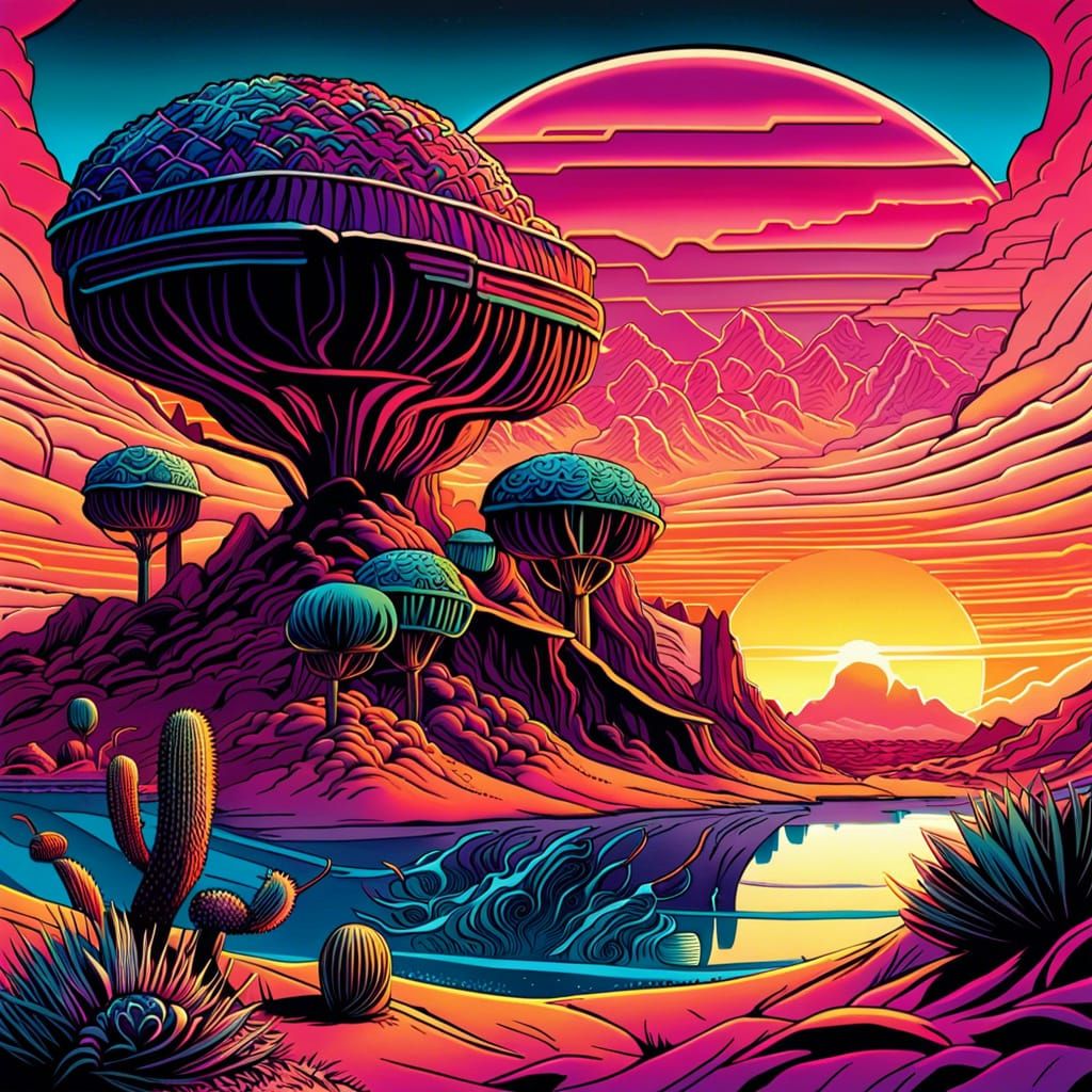 Kawaii Desert Sunset in Surreal Comic Book Style