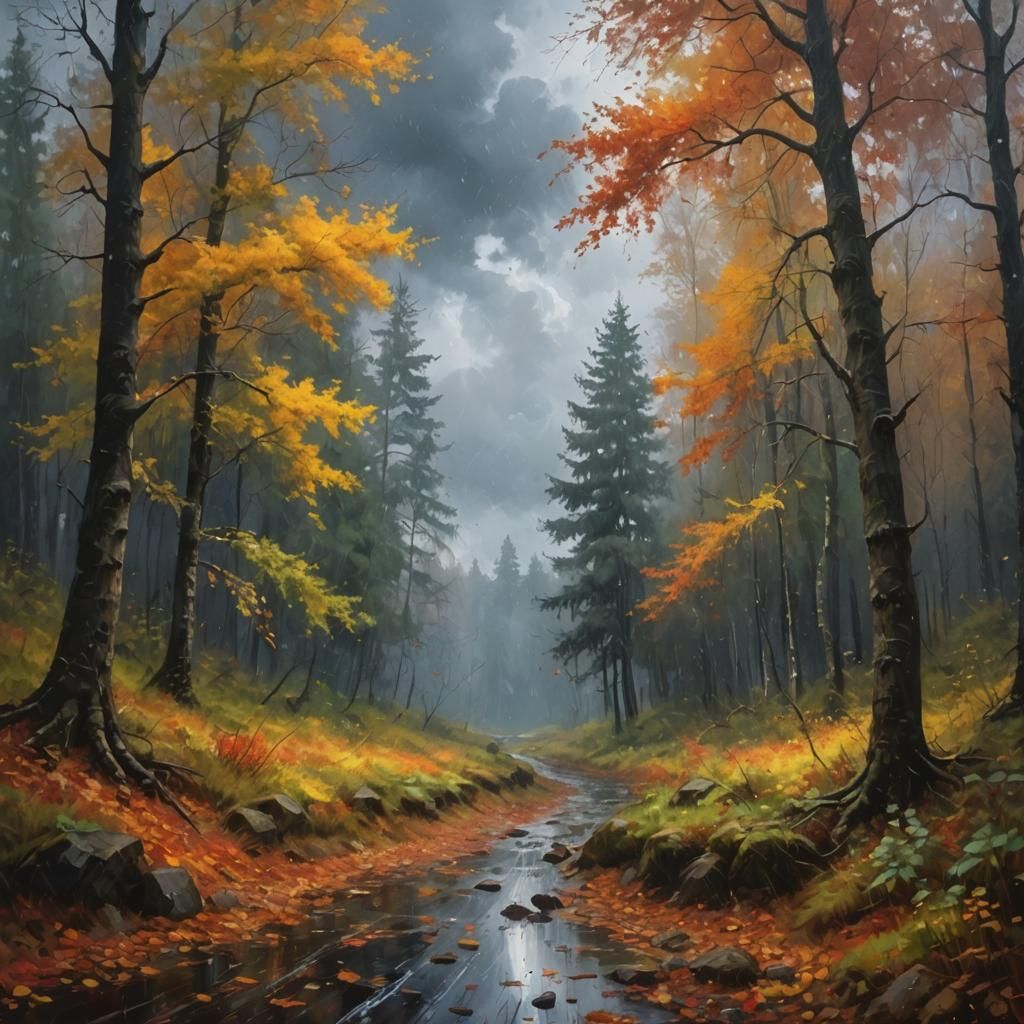 Rainy Autumn Forest Under Dark Sky: Photorealistic Painting