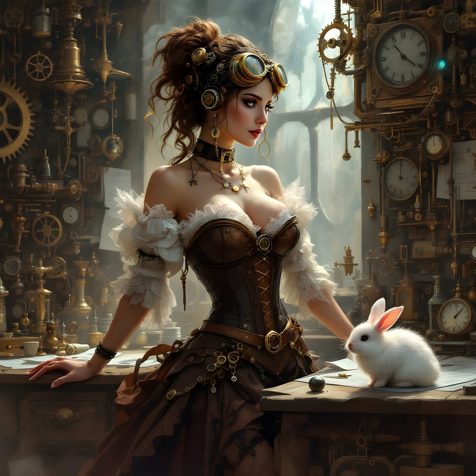 Steampunk Tinkerer in Whimsical Workshop