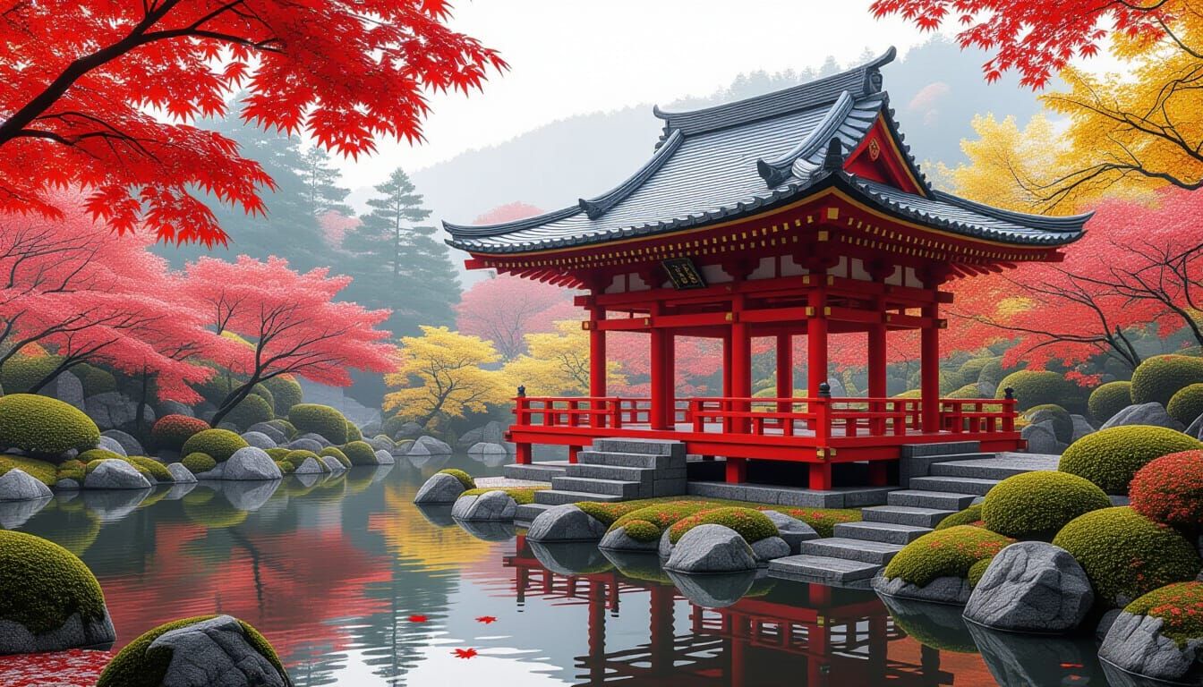 Serene Japanese Pavilion in Autumn, Photorealistic Style