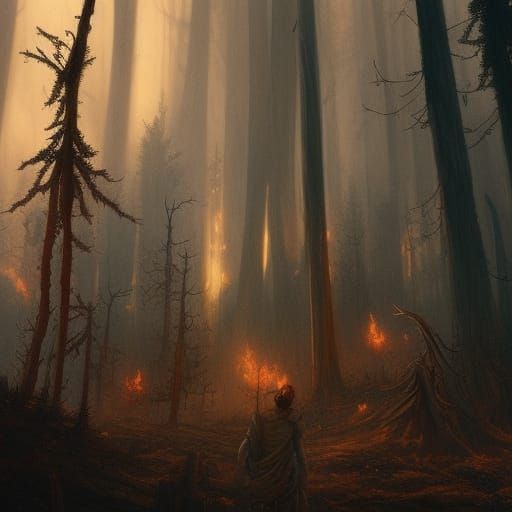 Sinister Witch Laughing in Burning Forest, Dark Fantasy