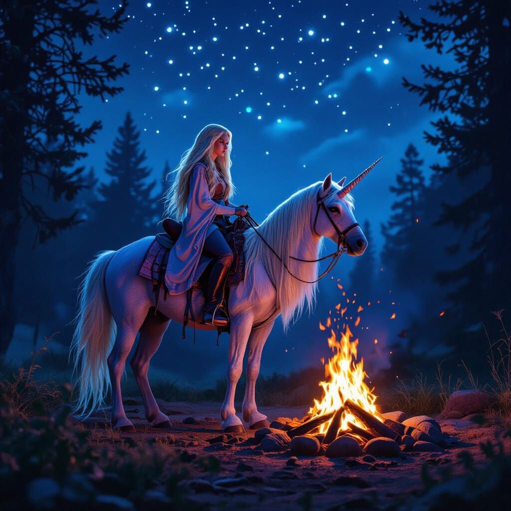 Woman Rides Color-Shifting Unicorn in Mystical Woods