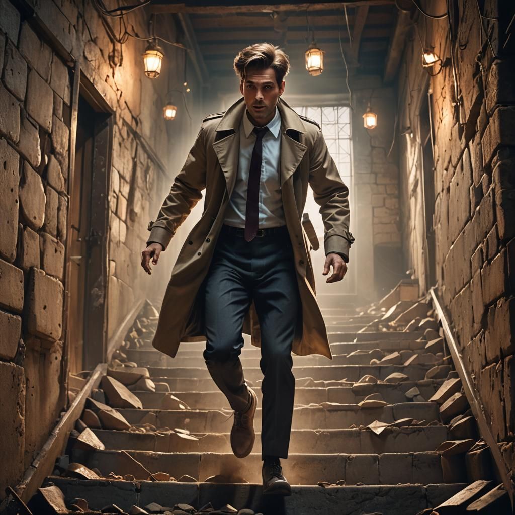 Man in Trench Coat Runs Through Abandoned Basement