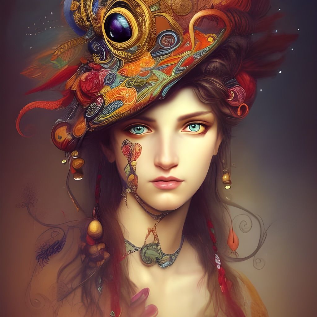 Girl with Ornate Hat: Detailed Fantasy Portrait