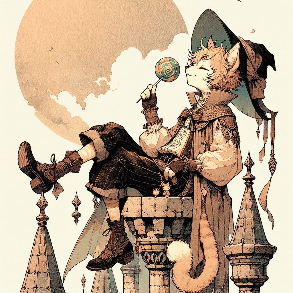 Anthropomorphic Lynx on Battlements in Fantasy Anime Style