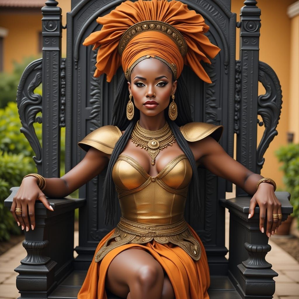 Regal African Amazon Warrior Princess in Iron Throne Glory