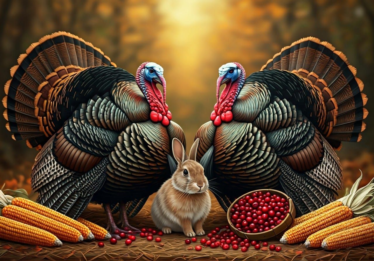 Rabbit Pardons Turkeys in Autumnal Scene