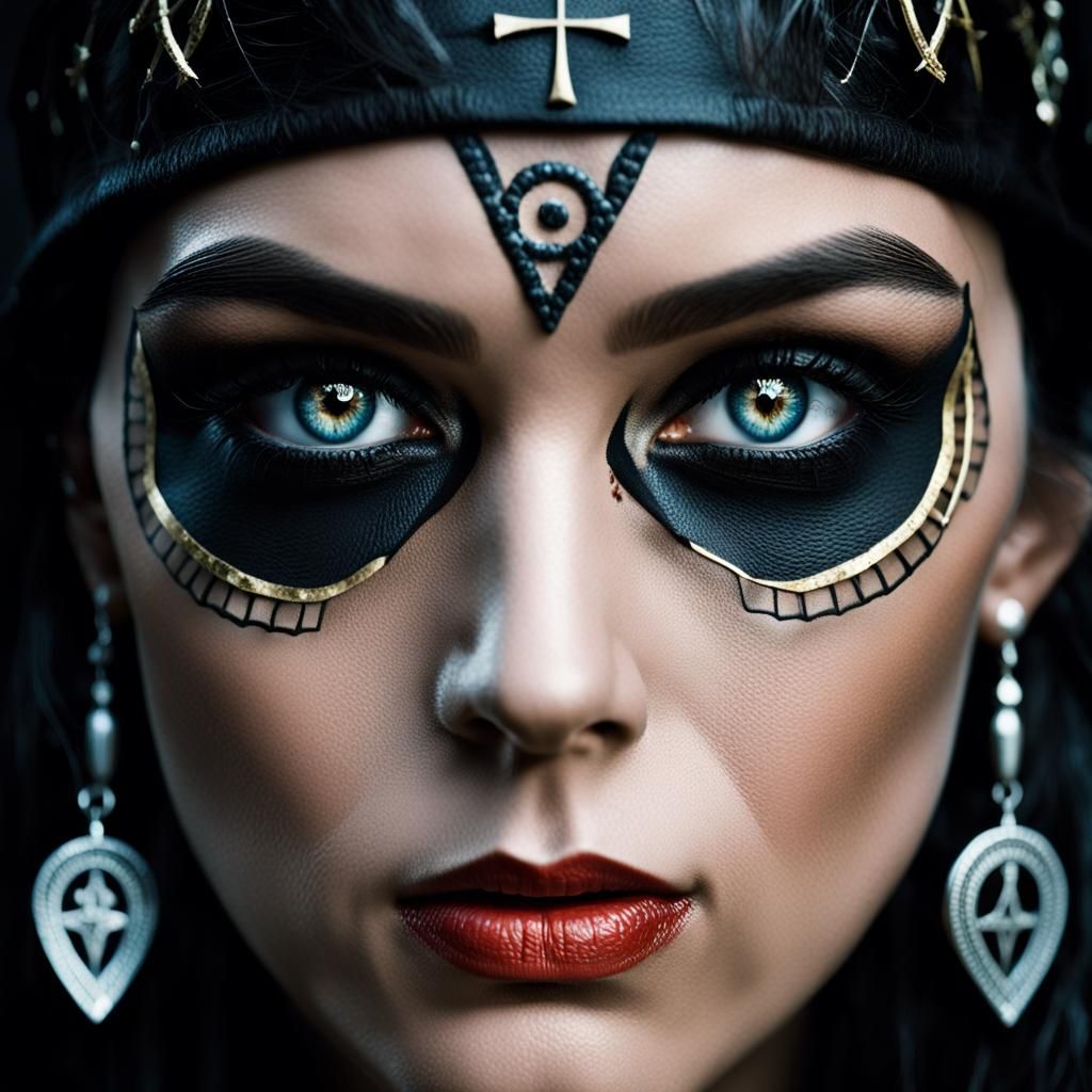 Eerie Portrait of Dark-Haired Woman with Occult Symbols