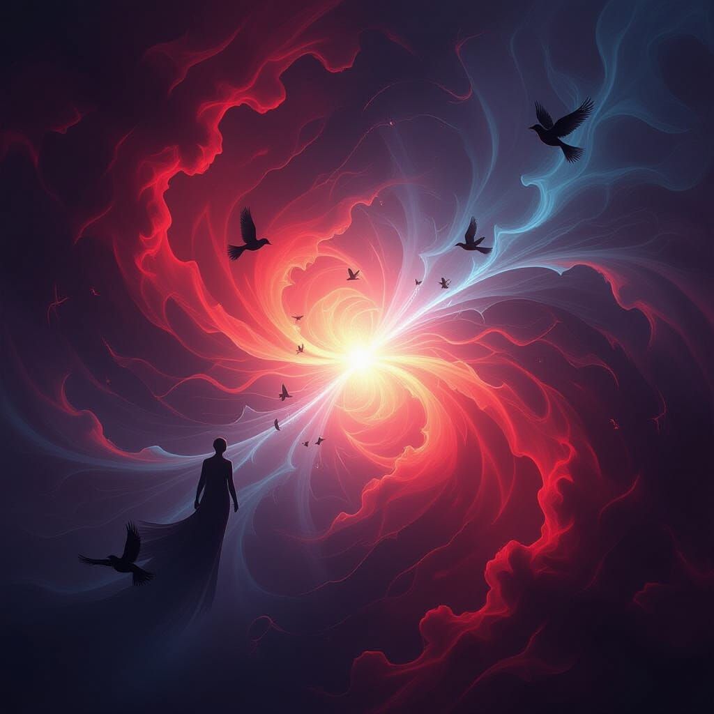 Cosmic Expanse with Ethereal Figures and Light Burst