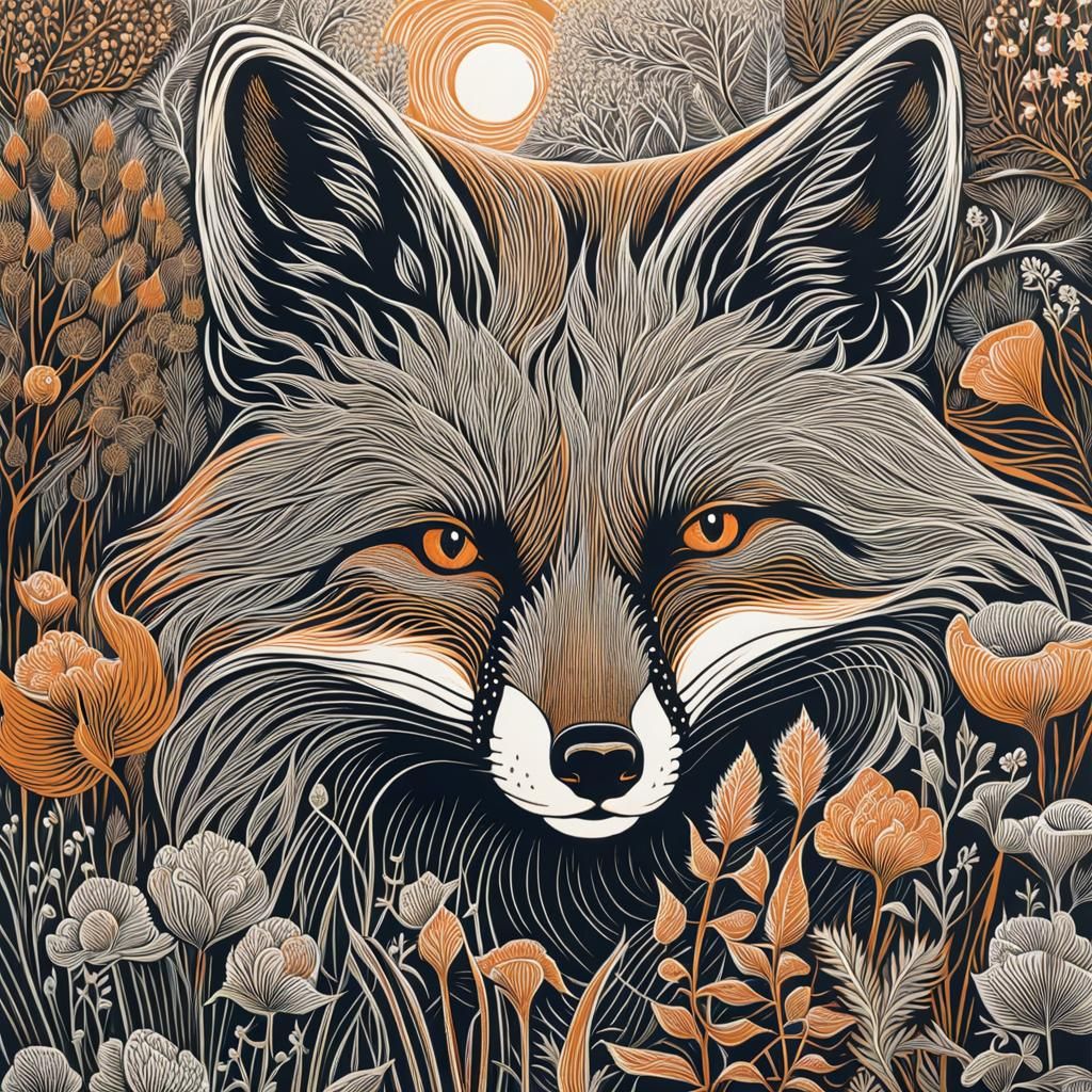 Intricate Linocut Fox Print