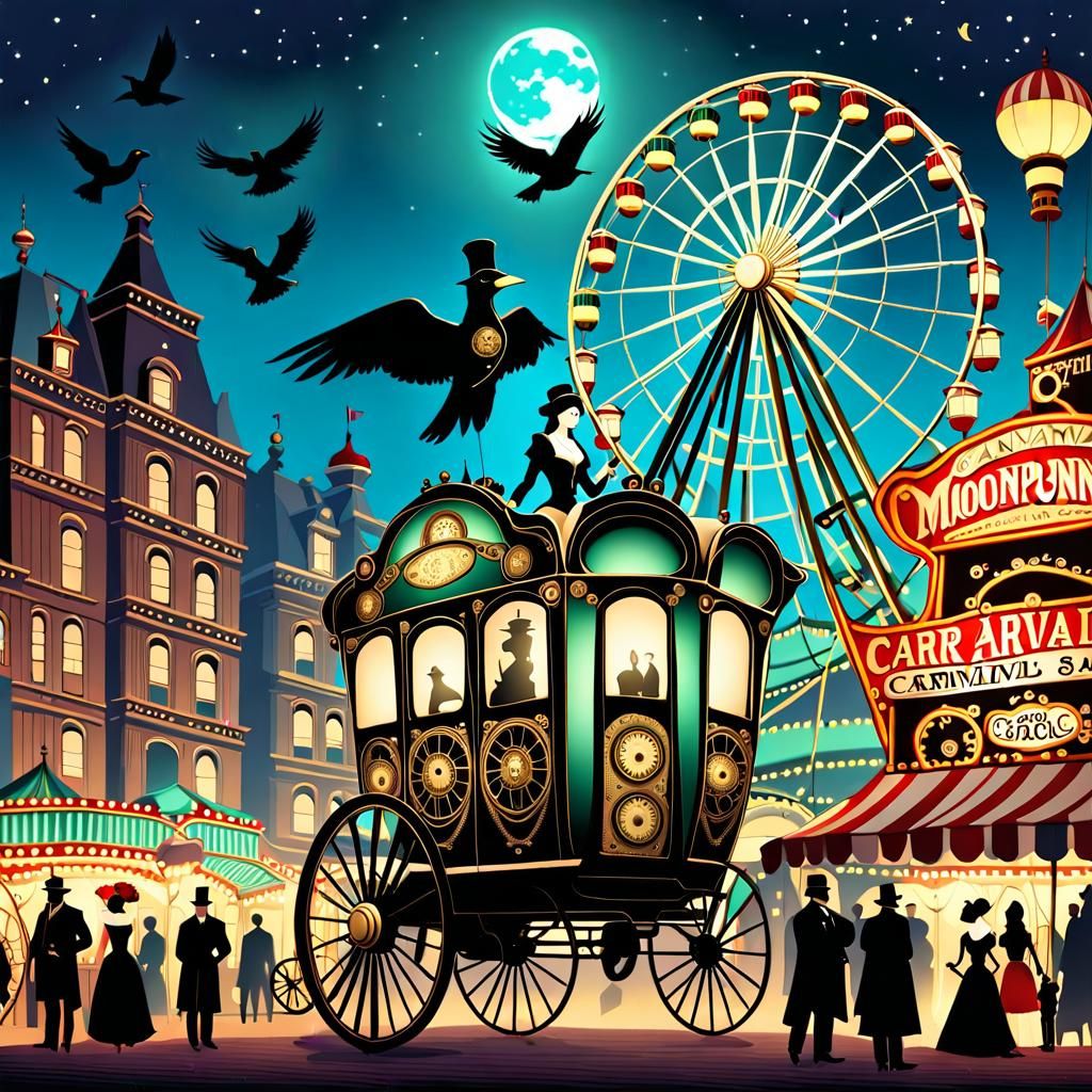 Steampunk Ferris Wheel at Moonlit Victorian Carnival