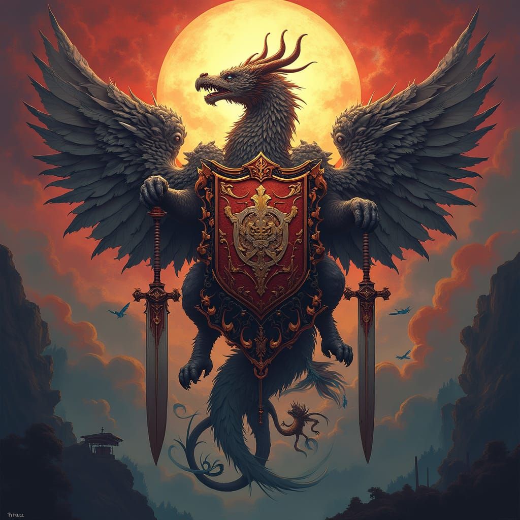 Japanese-Spanish Yari Family Crest with Mythical Creatures