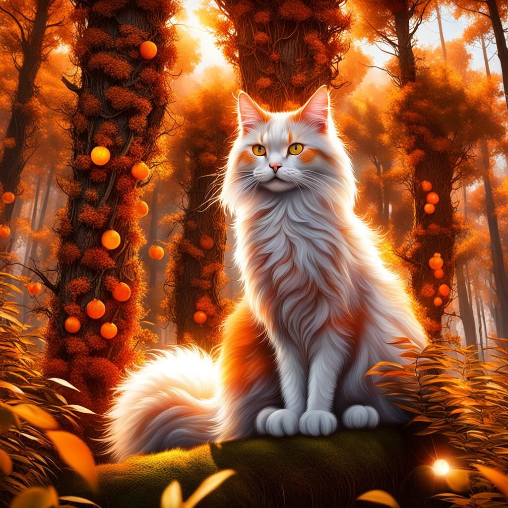 Orange Angora Cat in Forest Sunlight, Oil Painting