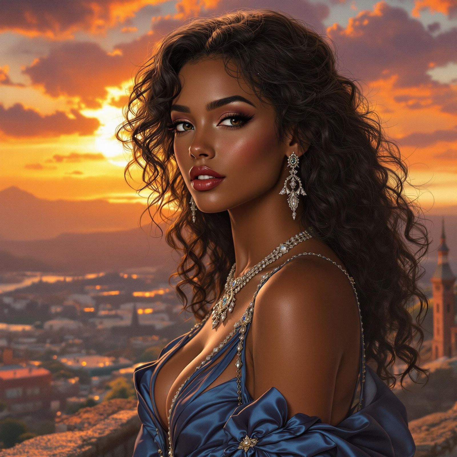 Medieval Fantasy Woman in Romantic Sunset Portrait
