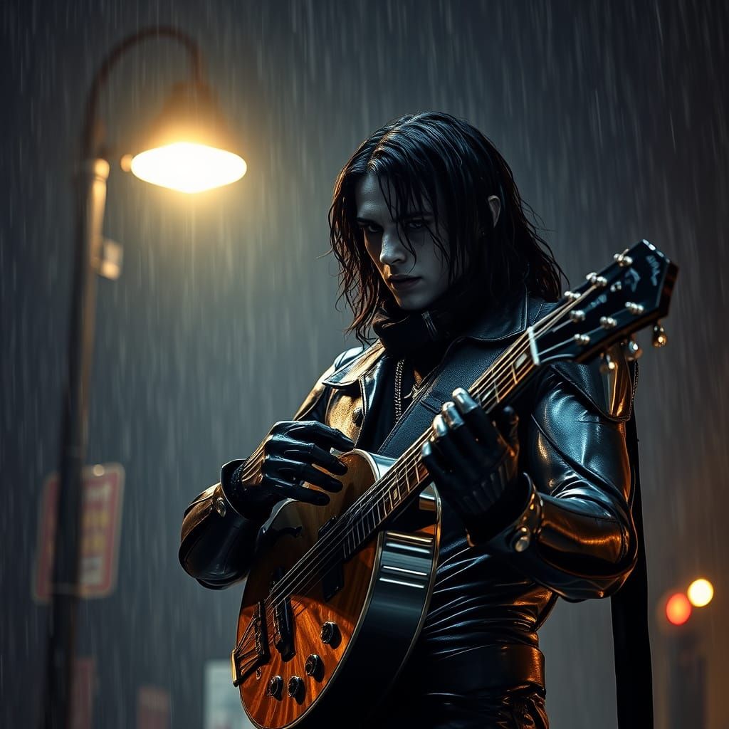 Cybernetic Crow Robot Lost in Rainy City Nights