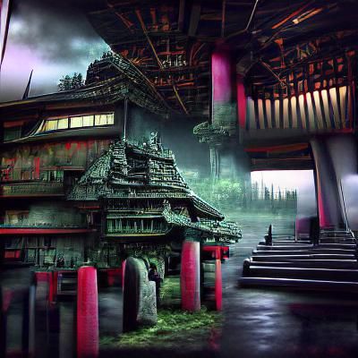 Cyberpunk Japanese Temple Matte Painting