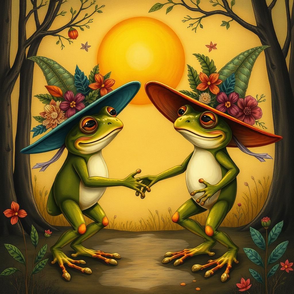 Frogs Dancing in Hats at Sunset, Fantasy Art