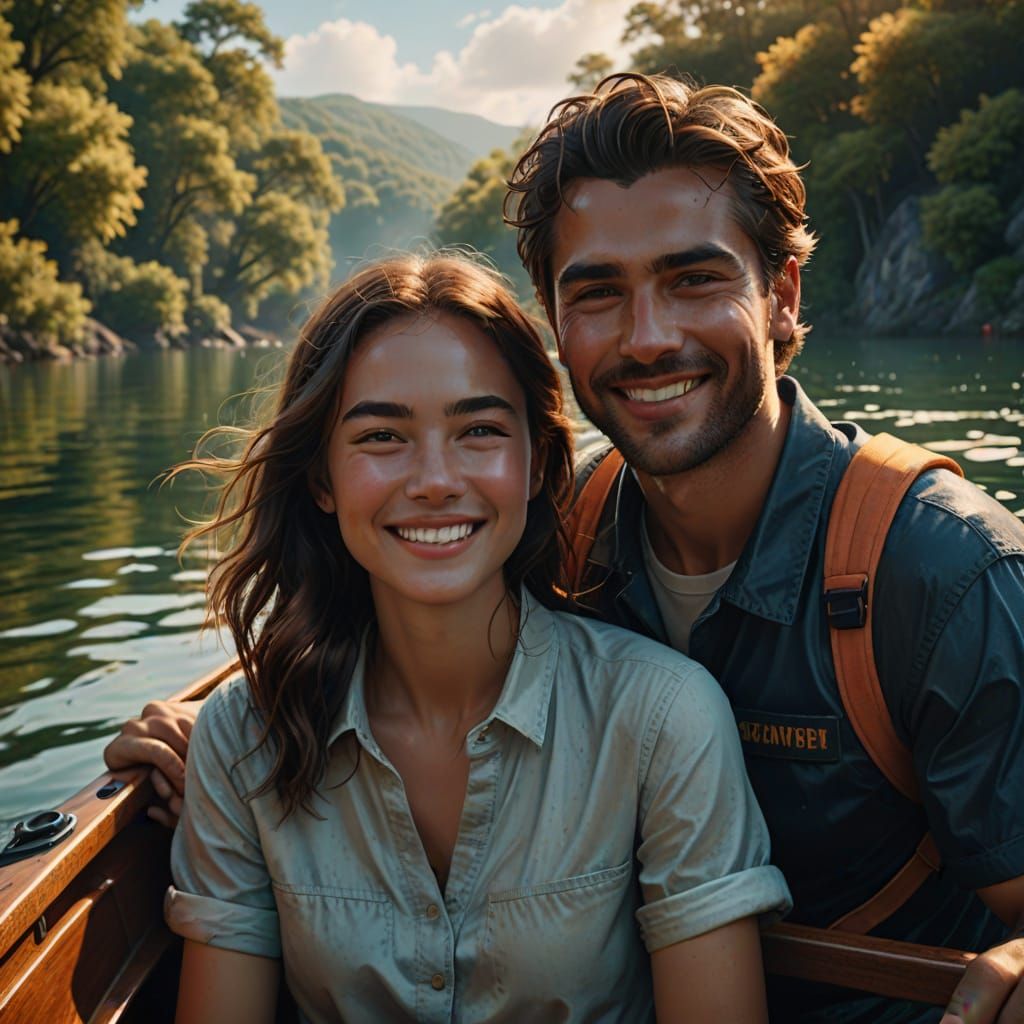 Smiling Couple in Boat, Hyperrealistic Digital Art