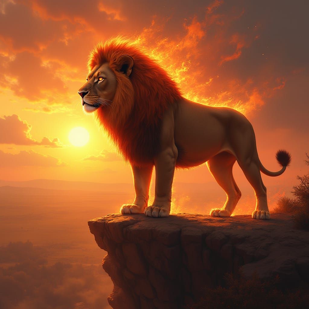 Majestic Lion with Fiery Mane Overlooking Savanna