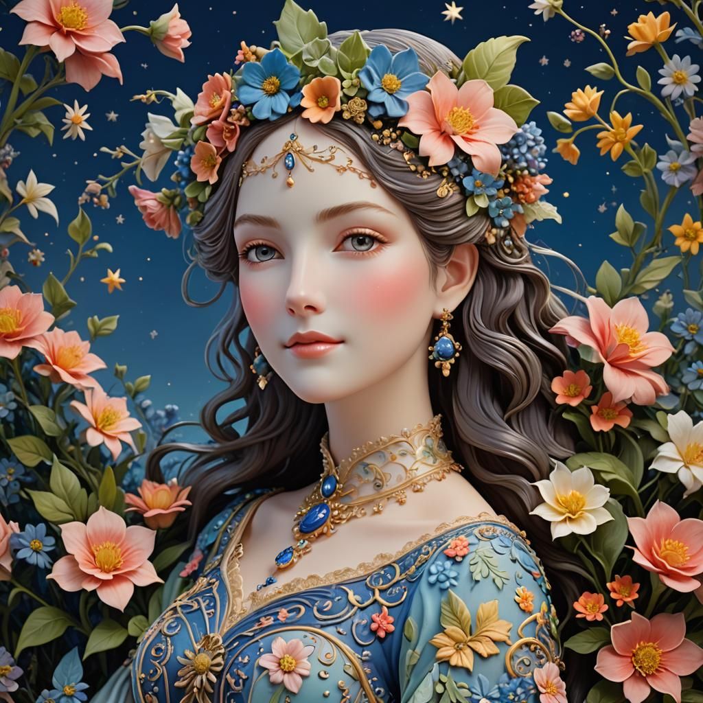 Dreamy Woman in Majolica Style Under Starry Sky