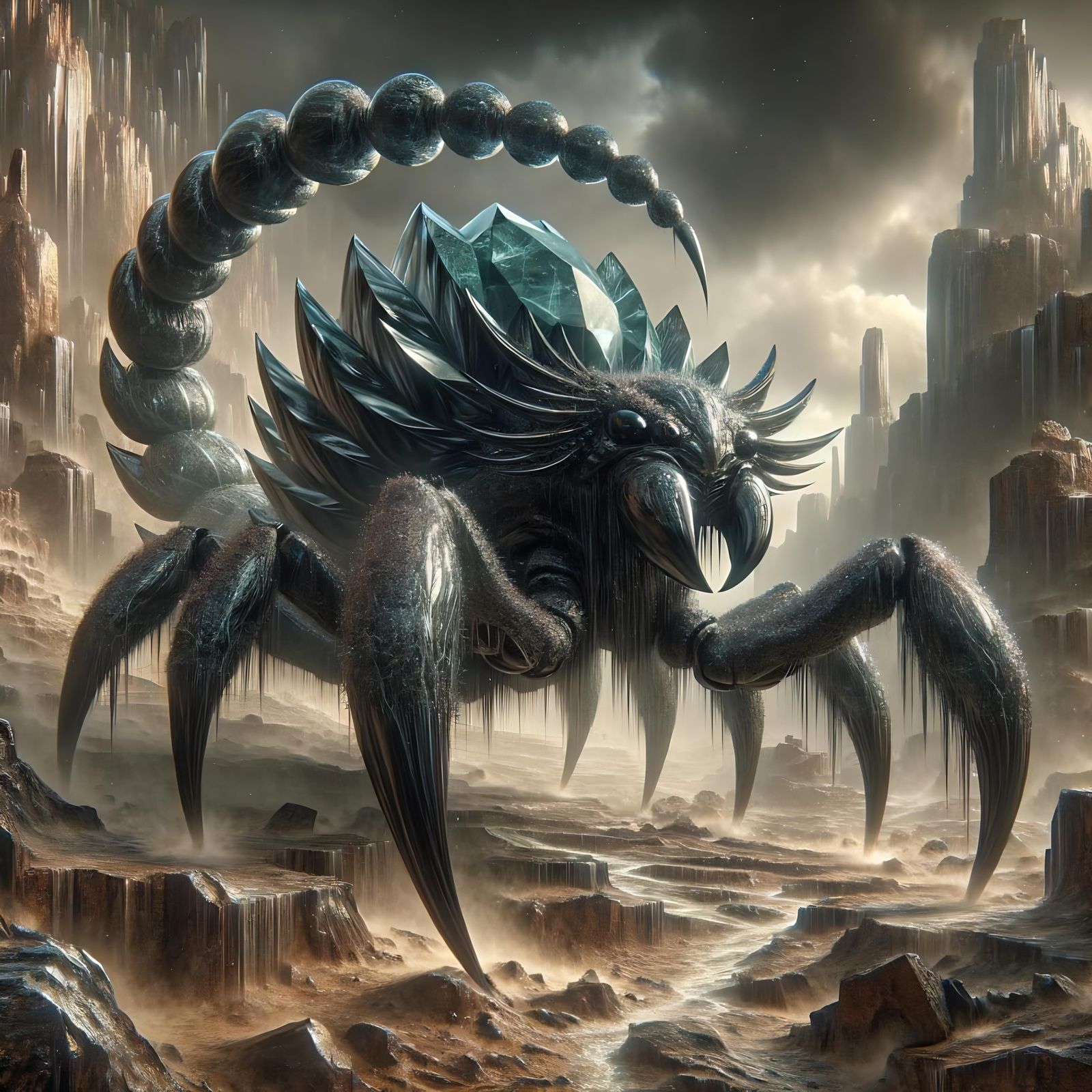 Fantasy Obsidian Scorpion Monster in Rocky Badlands