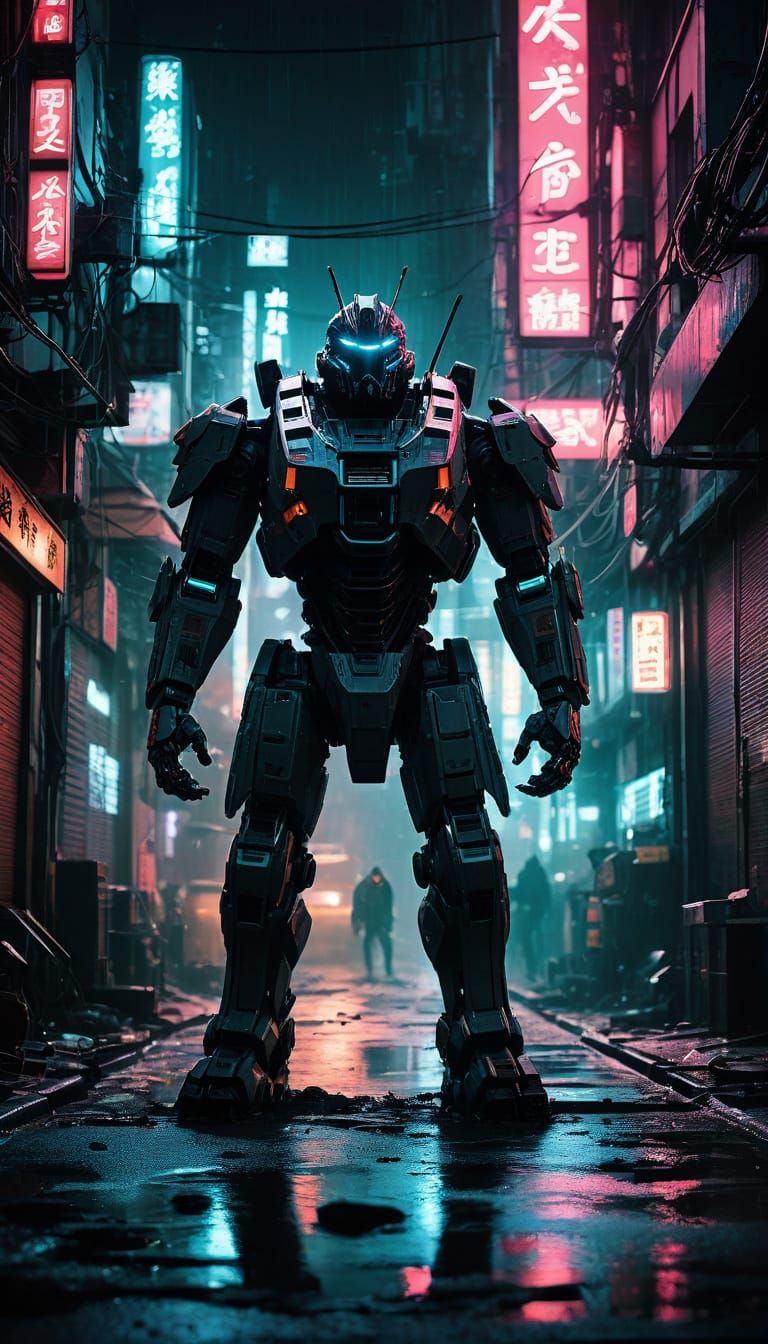 Gritty Cyberpunk Mecha-Ninja Battle in Neon Alleyway