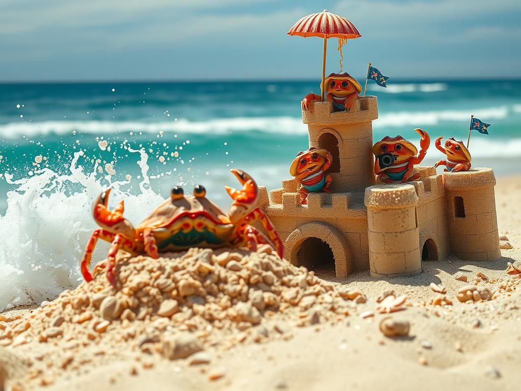 Crab Sandcastle Drama on Sunny Beach