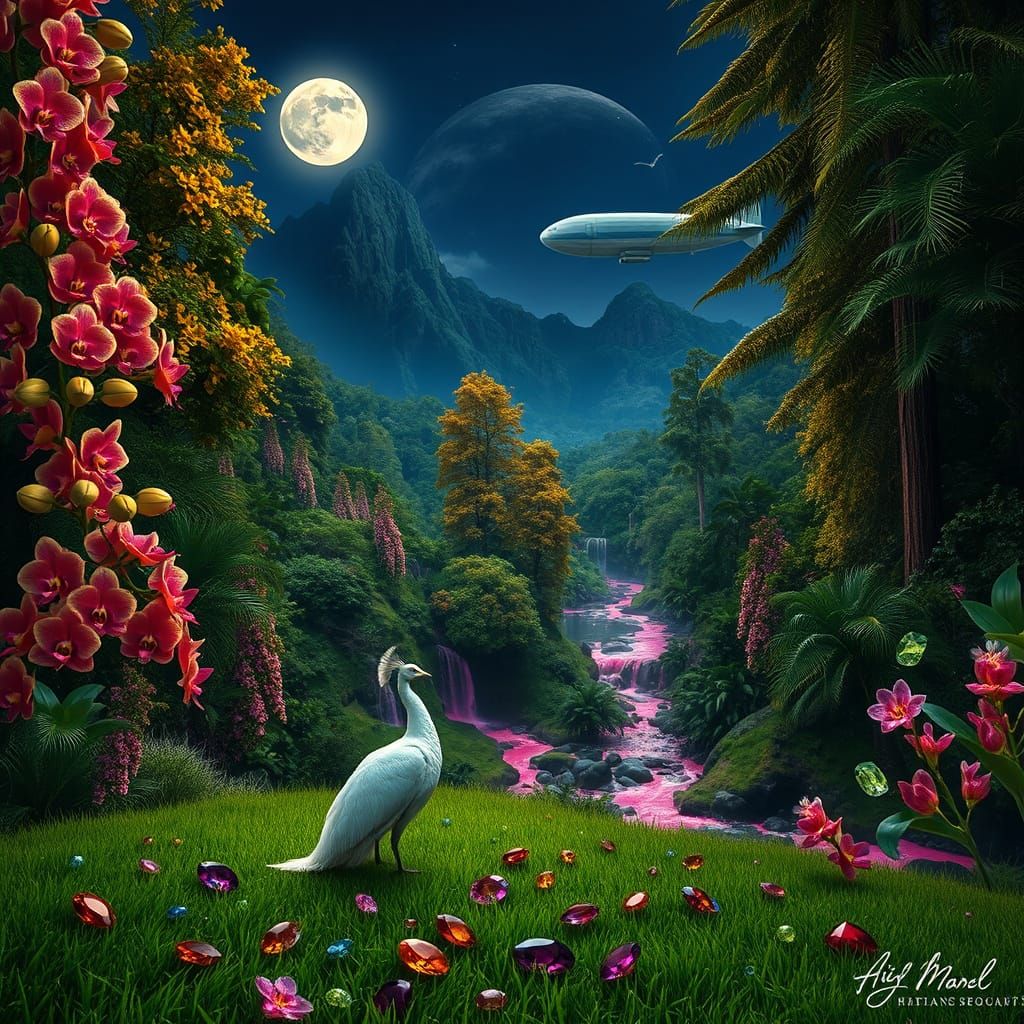 Falling Jewels Over Lush Valley Under Moonlight