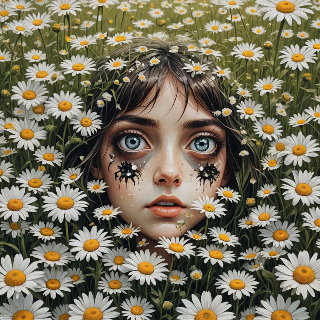 Surreal Big Eyes Inside Daisies in Field