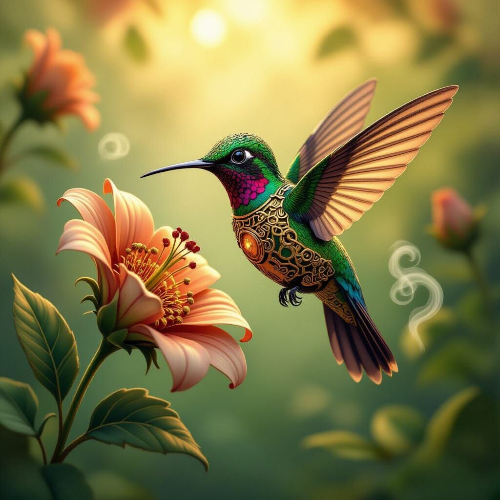 Steampunk Hummingbird Sipping Nectar in Cartoon Style