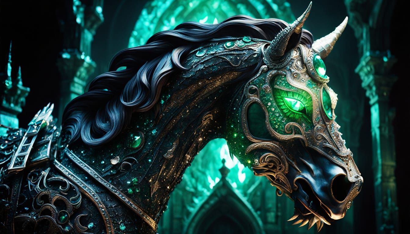 Jeweled Equine Demon in Shadowy Cavern